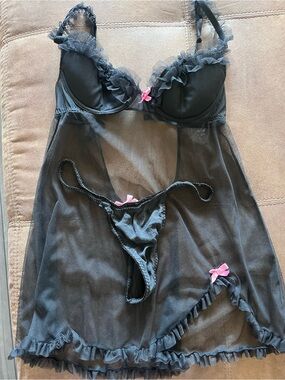 Victoria's Secret Black Sheer Ruffle Babydoll with Pink Bow Accents